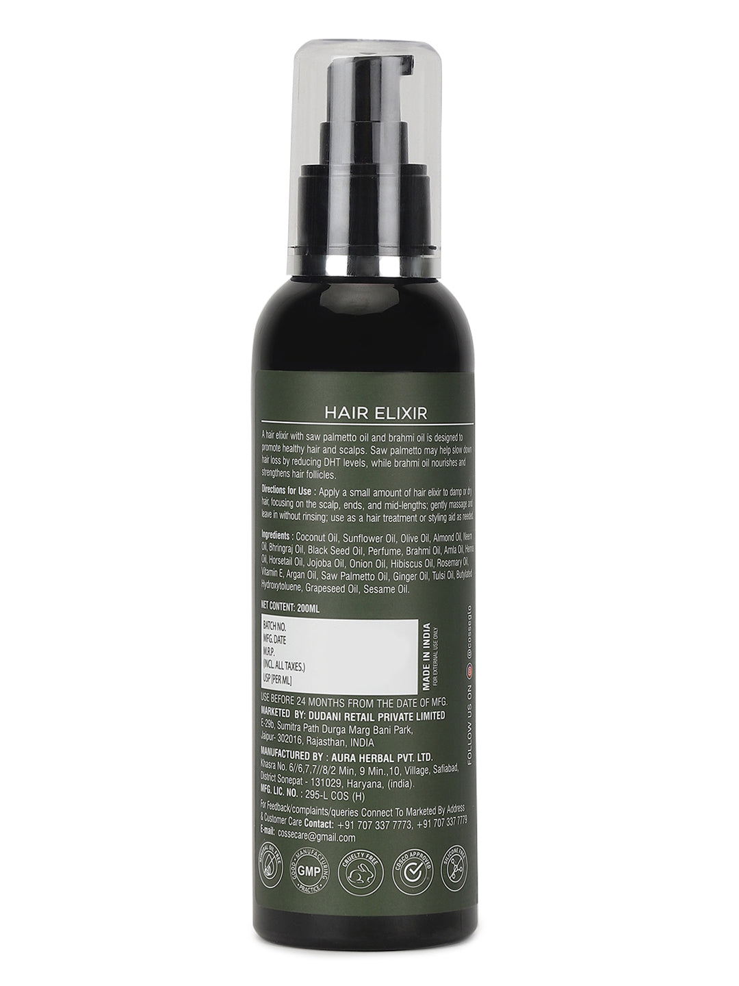 Hair Elixer with Saw Palmetto Oil, Amla, Brahmi Oil, Horsetail, Rosemary Oil & Henna